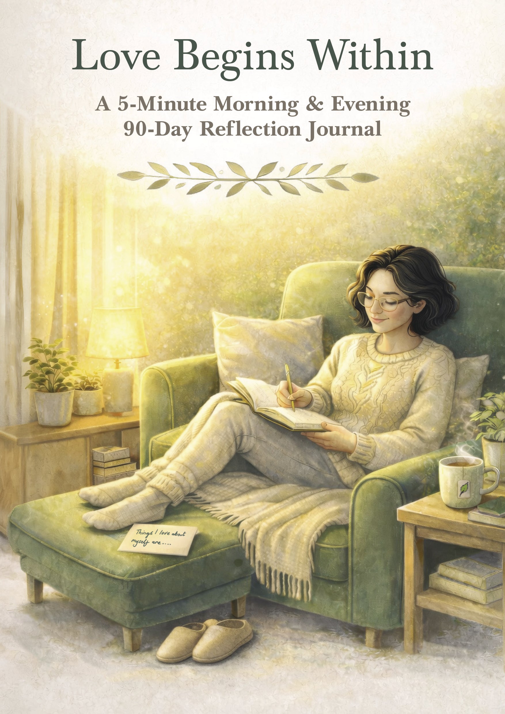 Book cover of 'Love Begins Within' journal with a woman sitting on a green couch reading.
